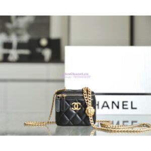 Replica Chanel 23C Mini Vanity With Camellia Crush Charm Chain in Lambskin AP3300 Black