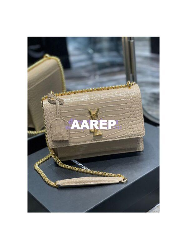 Replica YSL Saint Laurent Medium Sunset Monogram Crocodile embossed bag in Beige w Gold Hardware 3