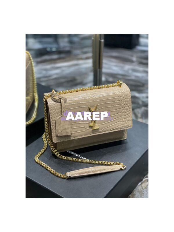 Replica YSL Saint Laurent Medium Sunset Monogram Crocodile embossed bag in Beige w Gold Hardware 4