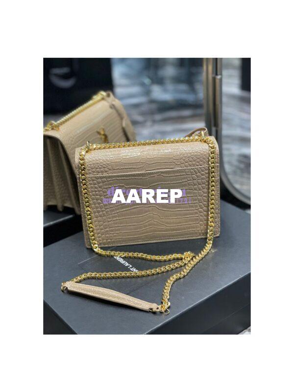 Replica YSL Saint Laurent Medium Sunset Monogram Crocodile embossed bag in Beige w Gold Hardware 12