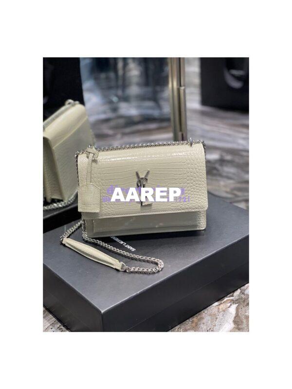 Replica YSL Saint Laurent Medium Sunset Monogram Crocodile embossed bag in Blanc w Silver Hardware 3
