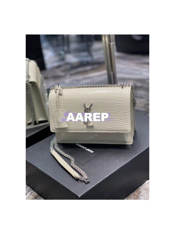 Replica YSL Saint Laurent Medium Sunset Monogram Crocodile embossed bag in Blanc w Silver Hardware 4
