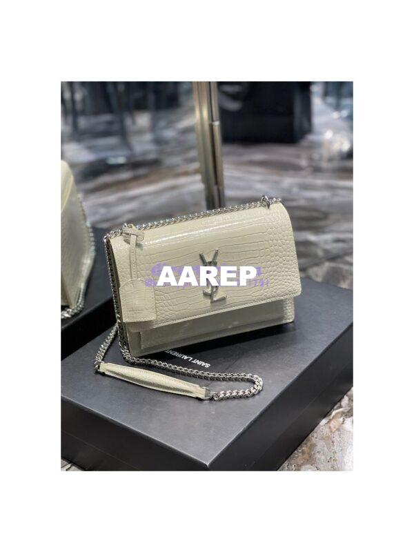 Replica YSL Saint Laurent Medium Sunset Monogram Crocodile embossed bag in Blanc w Silver Hardware 5