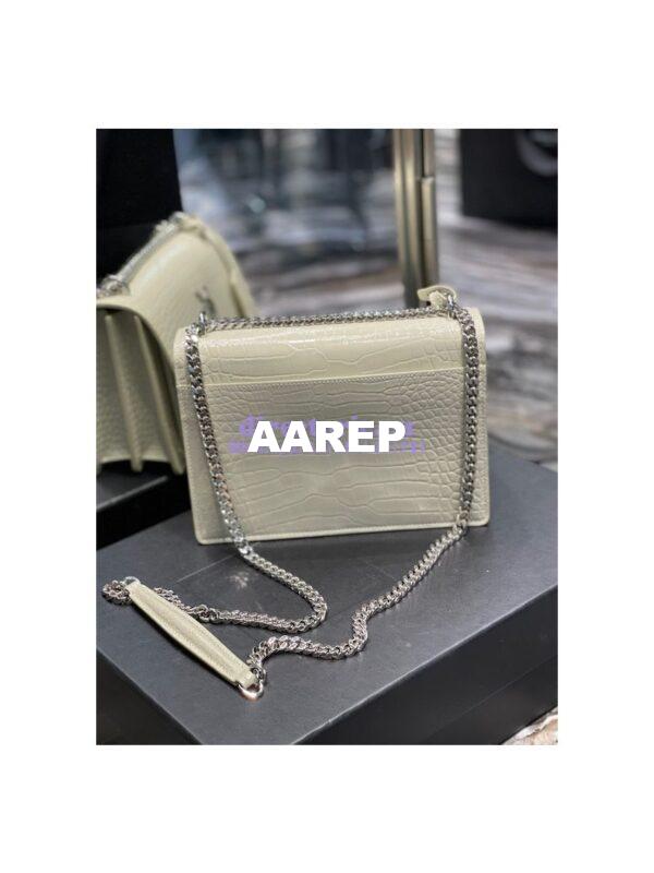 Replica YSL Saint Laurent Medium Sunset Monogram Crocodile embossed bag in Blanc w Silver Hardware 13