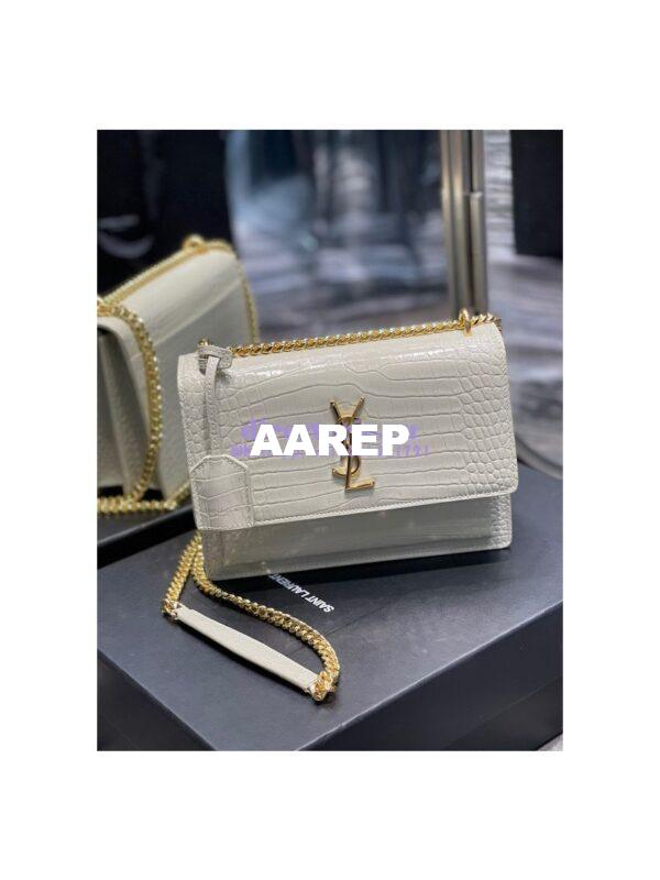 Replica YSL Saint Laurent Medium Sunset Monogram Crocodile embossed bag in Blanc w Gold Hardware 3