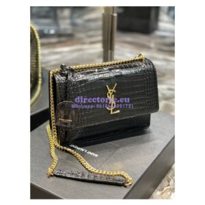 Replica YSL Saint Laurent Medium Sunset Monogram Crocodile embossed bag in Black w Gold Hardware 2