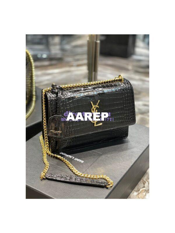 Replica YSL Saint Laurent Medium Sunset Monogram Crocodile embossed bag in Black w Gold Hardware 4
