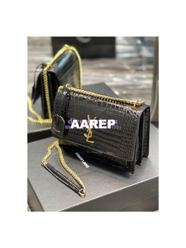 Replica YSL Saint Laurent Medium Sunset Monogram Crocodile embossed bag in Black w Gold Hardware 5