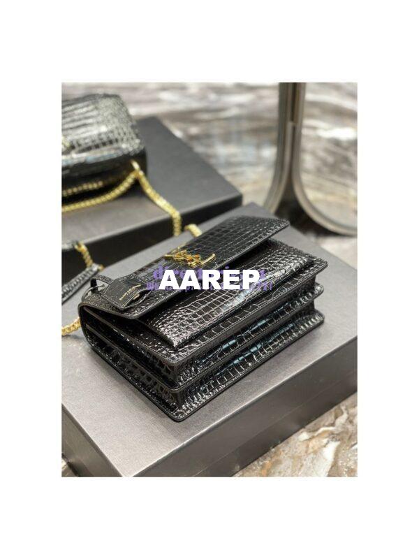 Replica YSL Saint Laurent Medium Sunset Monogram Crocodile embossed bag in Black w Gold Hardware 13