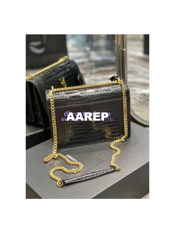 Replica YSL Saint Laurent Medium Sunset Monogram Crocodile embossed bag in Black w Gold Hardware 14