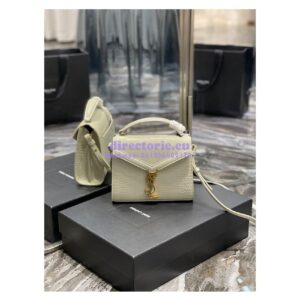Replica YSL Saint Laurent Cassandra Mini Top Handle Bag In Crocodile Embossed Shiny Leather 602716 White