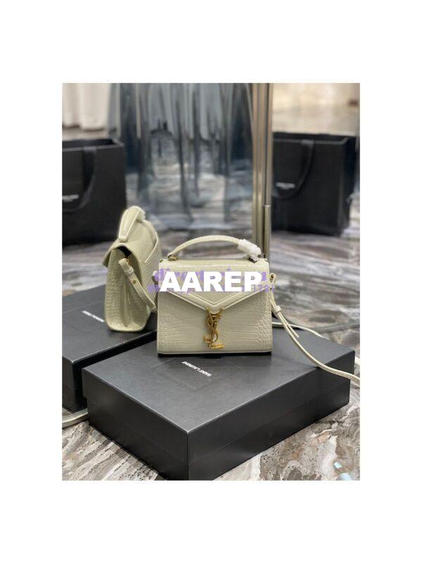 Replica YSL Saint Laurent Cassandra Mini Top Handle Bag In Crocodile Embossed Shiny Leather 602716 White
