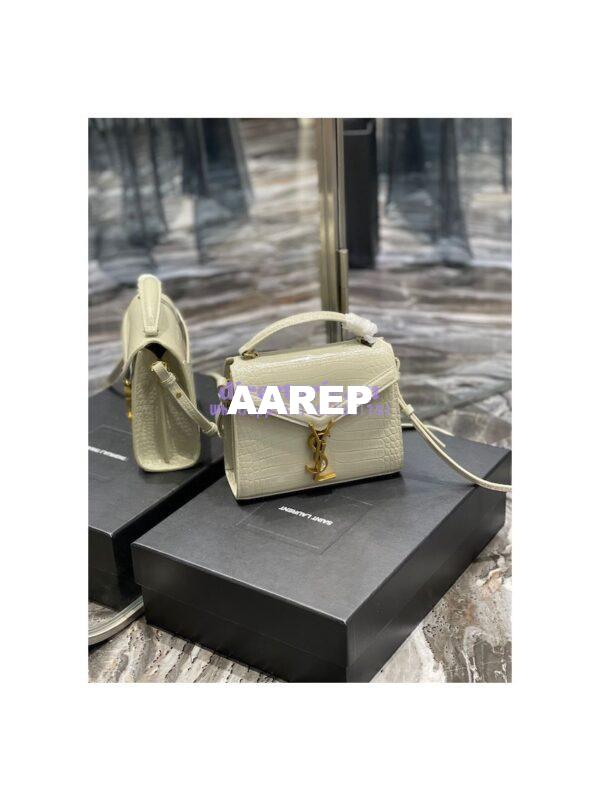 Replica YSL Saint Laurent Cassandra Mini Top Handle Bag In Crocodile Embossed Shiny Leather 602716 White 2