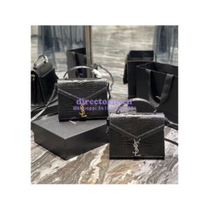 Replica YSL Saint Laurent Cassandra Medium Top Handle Bag In Shiny Crocodile-embossed Leather 578000 Black Gold Hardware