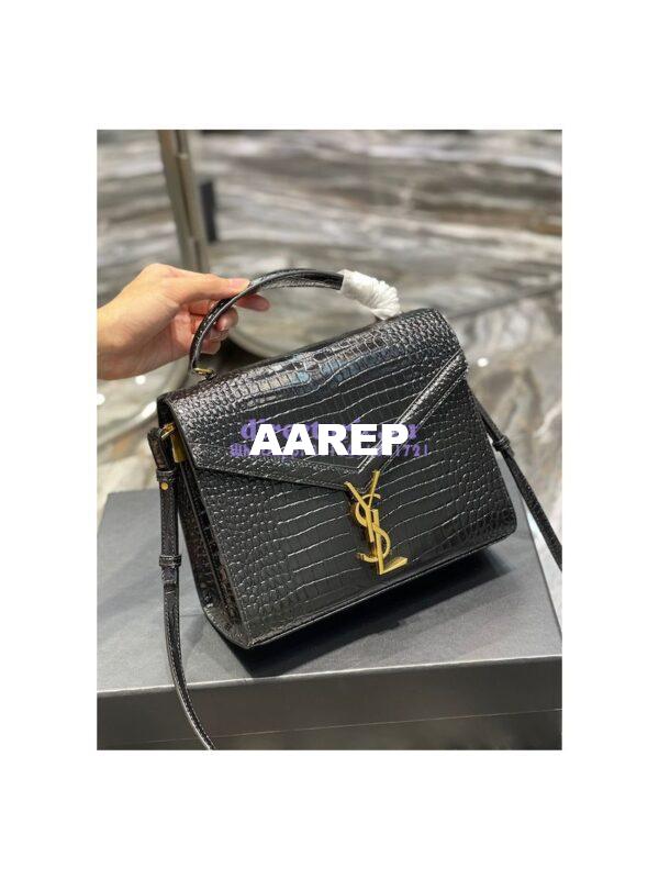 Replica YSL Saint Laurent Cassandra Medium Top Handle Bag In Shiny Crocodile-embossed Leather 578000 Black Gold Hardware 4
