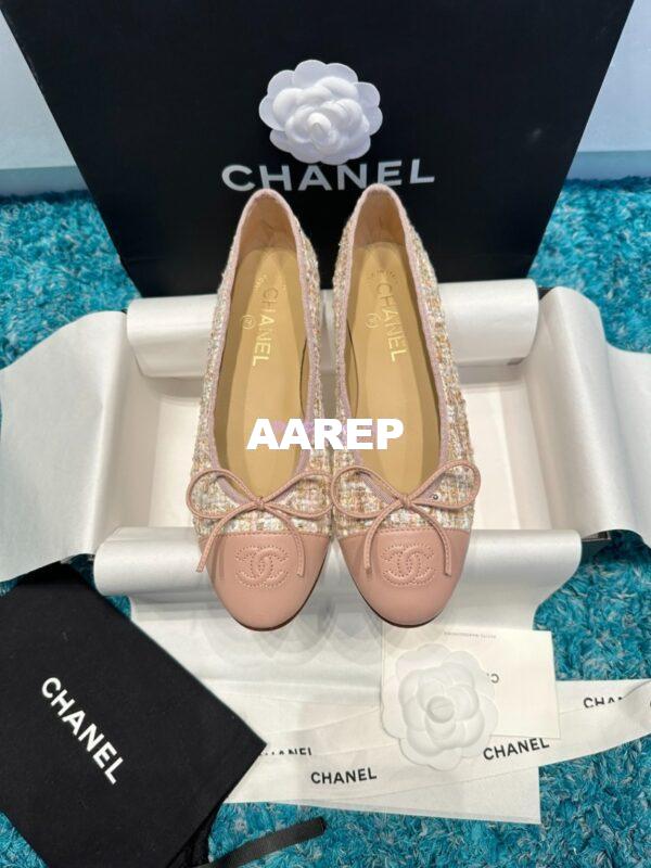 Replica Chanel Quilted Tweed and Grossgrain Cap Toe Ballerinas G02819 Pink Gold 3