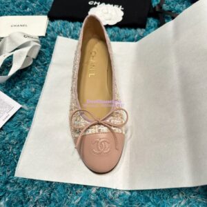 Replica Chanel Quilted Tweed and Grossgrain Cap Toe Ballerinas G02819 Pink Gold 2