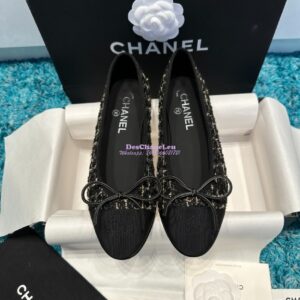Replica Chanel Quilted Tweed and Grossgrain Cap Toe Ballerinas G02819 Black Gold