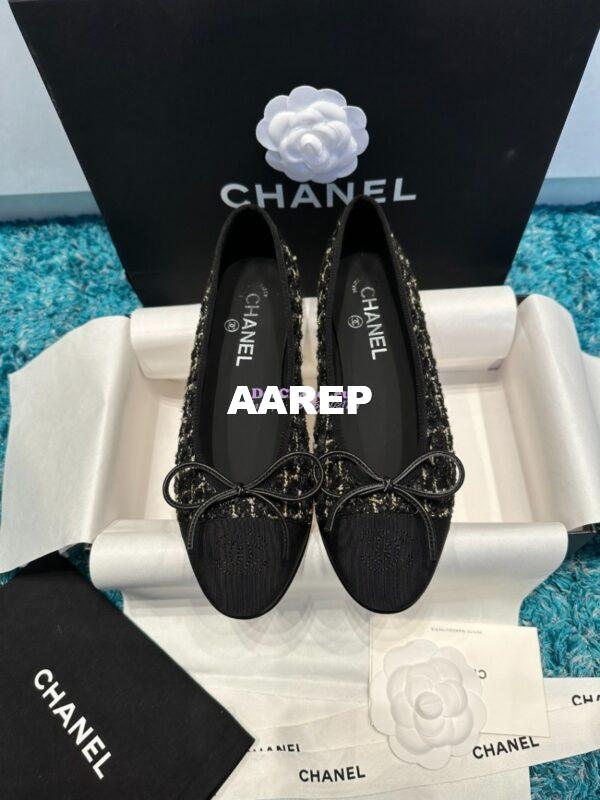 Replica Chanel Quilted Tweed and Grossgrain Cap Toe Ballerinas G02819 Black Gold 3