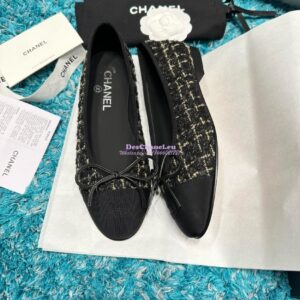 Replica Chanel Quilted Tweed and Grossgrain Cap Toe Ballerinas G02819 Black Gold 2
