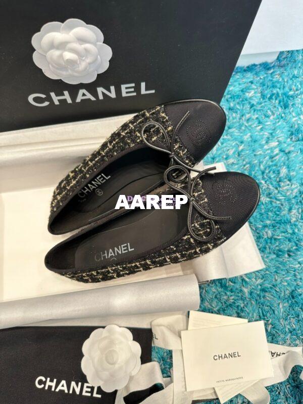 Replica Chanel Quilted Tweed and Grossgrain Cap Toe Ballerinas G02819 Black Gold 5