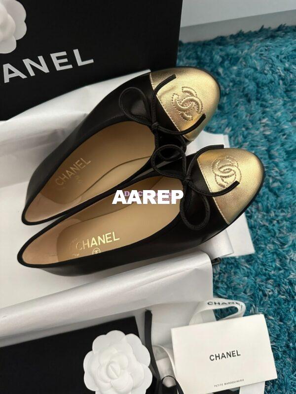 Replica Chanel Lambskin Gold Cap Toe Ballerinas G02819 Black lambskin 3