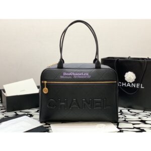 Replica Chanel Cruise Quilted Logo Maxi Bowling Bag in Calfskin AS3718 Black