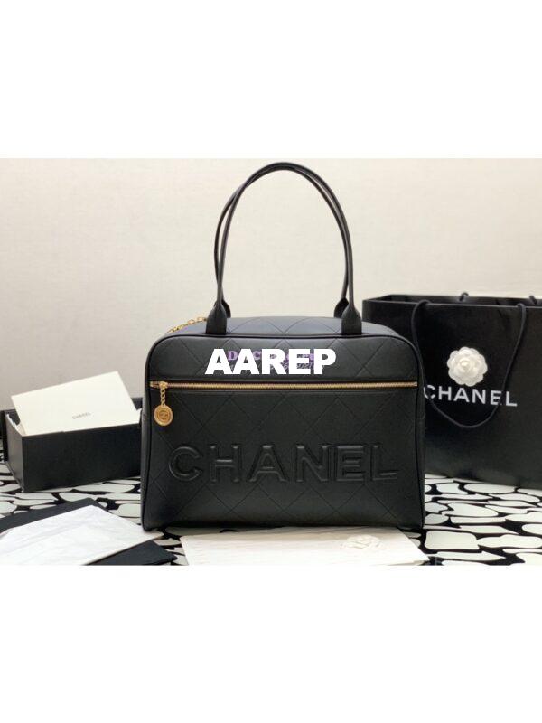 Replica Chanel Cruise Quilted Logo Maxi Bowling Bag in Calfskin AS3718 Black