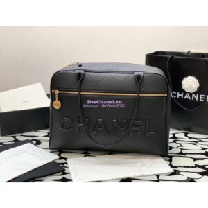 Replica Chanel Cruise Quilted Logo Maxi Bowling Bag in Calfskin AS3718 Black 2