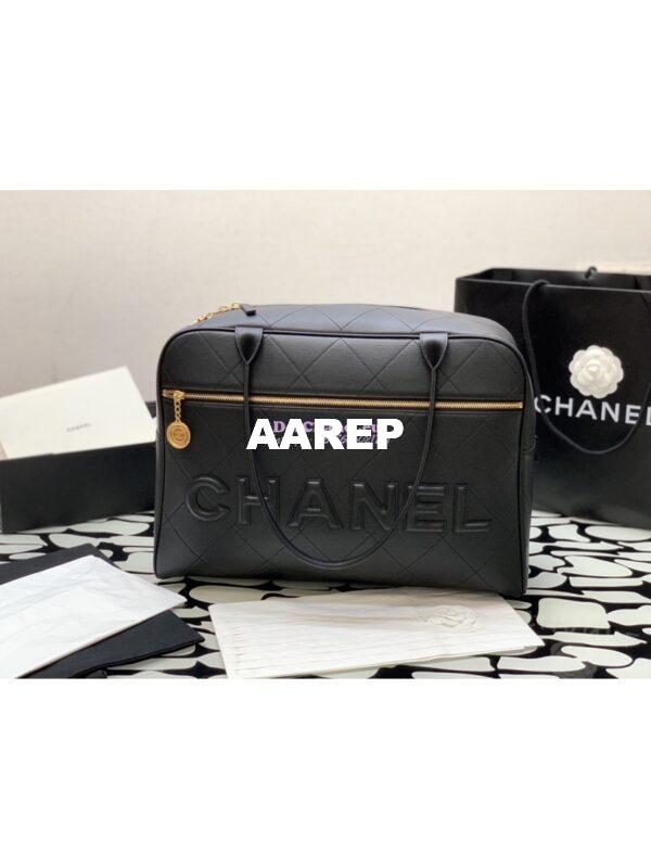 Replica Chanel Cruise Quilted Logo Maxi Bowling Bag in Calfskin AS3718 Black 2