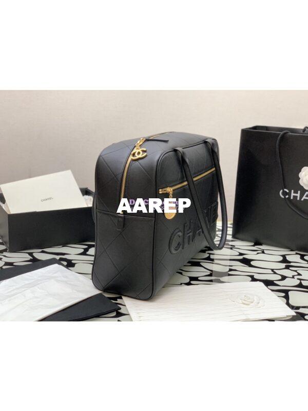 Replica Chanel Cruise Quilted Logo Maxi Bowling Bag in Calfskin AS3718 Black 4