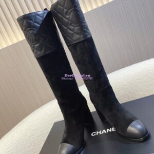 Replica Chanel 23K Suede Calfskin & Lambskin High Boots Heel 9cm G45200 Black