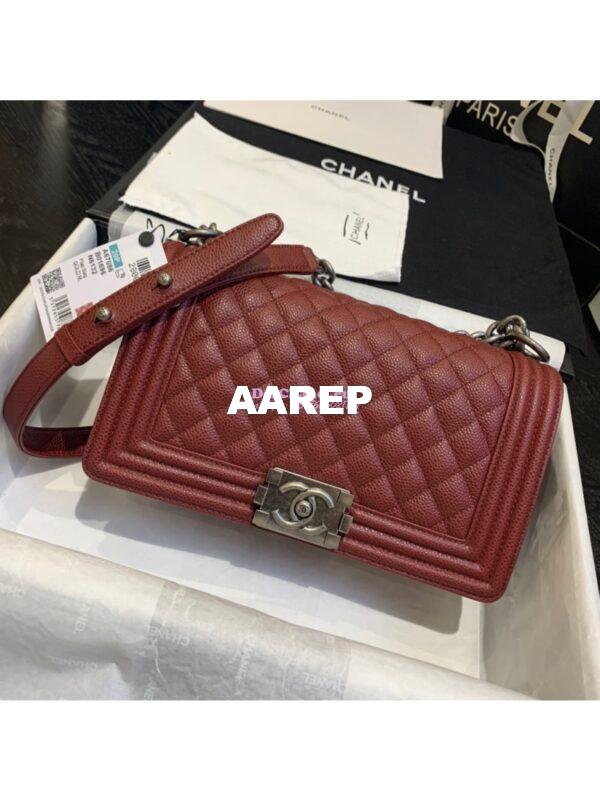 Replica Chanel Le boy Caviar Claret Red Bag with Aged Ruthenium Hardware 14