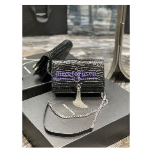 Replica YSL Saint Laurent Kate Chain Wallet With Tassel In Crocodile-embossed Shiny Leather 452159 Black Silver Hardware