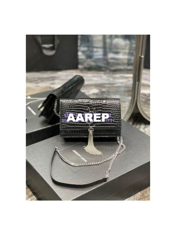 Replica YSL Saint Laurent Kate Chain Wallet With Tassel In Crocodile-embossed Shiny Leather 452159 Black Silver Hardware 3