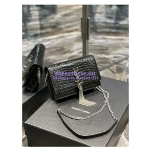 Replica YSL Saint Laurent Kate Chain Wallet With Tassel In Crocodile-embossed Shiny Leather 452159 Black Silver Hardware 2