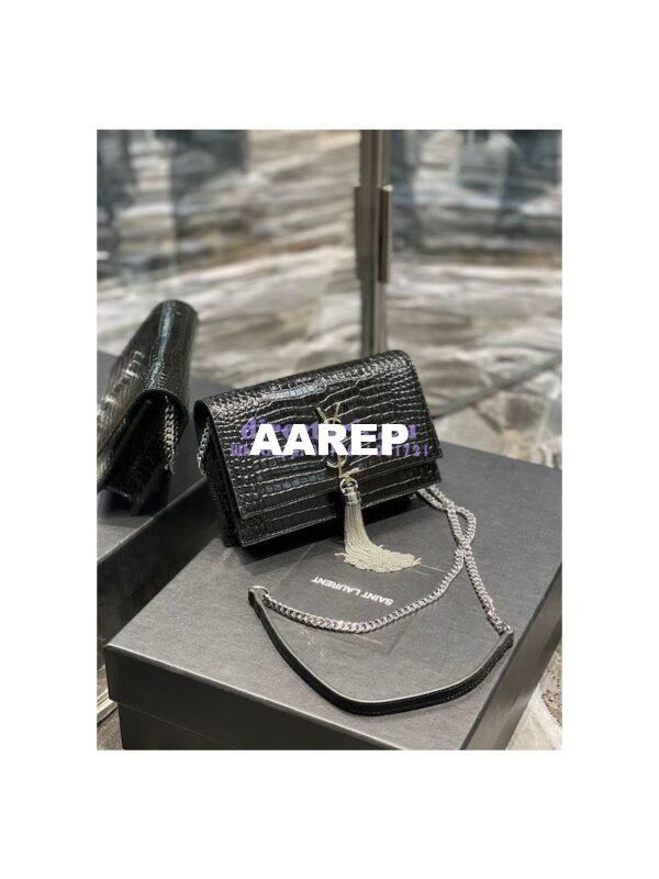Replica YSL Saint Laurent Kate Chain Wallet With Tassel In Crocodile-embossed Shiny Leather 452159 Black Silver Hardware 4