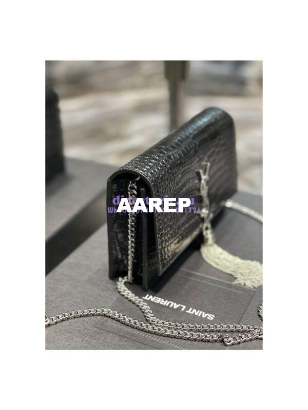 Replica YSL Saint Laurent Kate Chain Wallet With Tassel In Crocodile-embossed Shiny Leather 452159 Black Silver Hardware 6