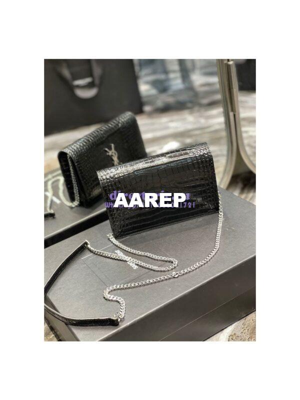 Replica YSL Saint Laurent Kate Chain Wallet With Tassel In Crocodile-embossed Shiny Leather 452159 Black Silver Hardware 14