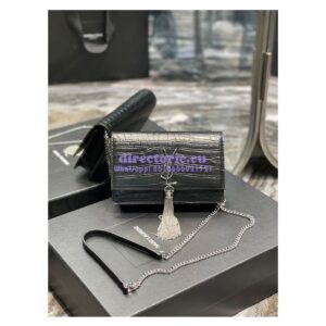 Replica YSL Saint Laurent Kate Chain Wallet With Tassel In Crocodile-embossed Matte Leather 452159 Black Silver Hardware