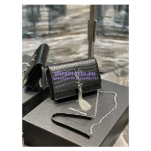 Replica YSL Saint Laurent Kate Chain Wallet With Tassel In Crocodile-embossed Matte Leather 452159 Black Silver Hardware 2