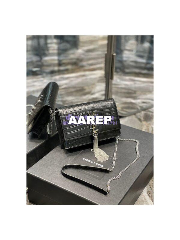 Replica YSL Saint Laurent Kate Chain Wallet With Tassel In Crocodile-embossed Matte Leather 452159 Black Silver Hardware 4