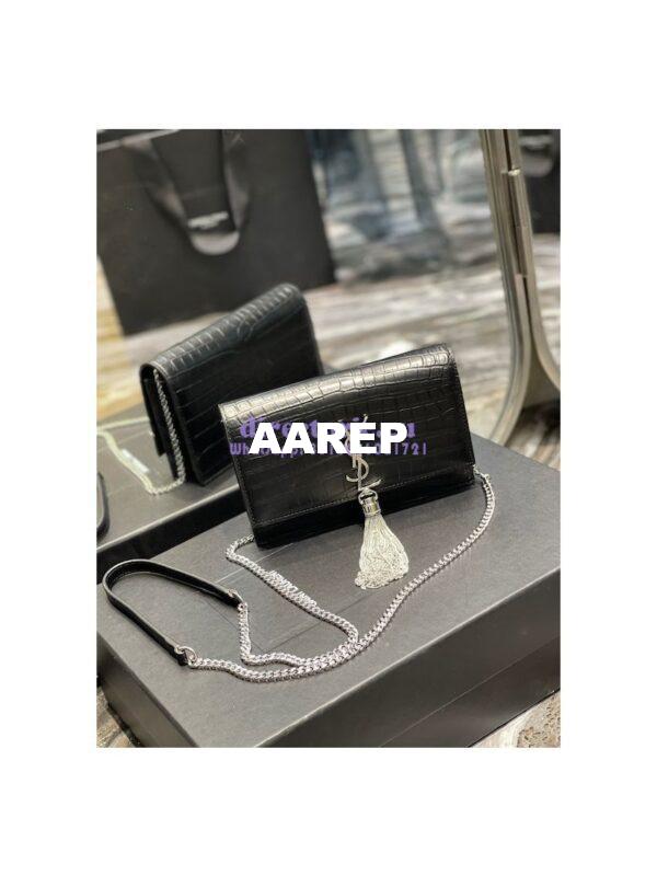 Replica YSL Saint Laurent Kate Chain Wallet With Tassel In Crocodile-embossed Matte Leather 452159 Black Silver Hardware 5