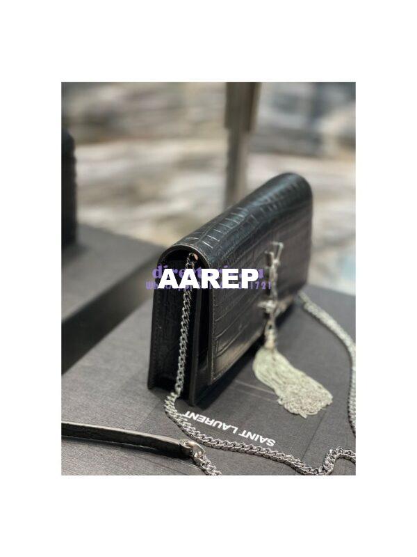 Replica YSL Saint Laurent Kate Chain Wallet With Tassel In Crocodile-embossed Matte Leather 452159 Black Silver Hardware 6