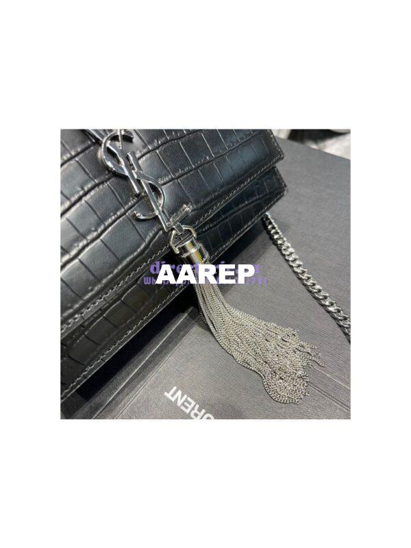 Replica YSL Saint Laurent Kate Chain Wallet With Tassel In Crocodile-embossed Matte Leather 452159 Black Silver Hardware 8