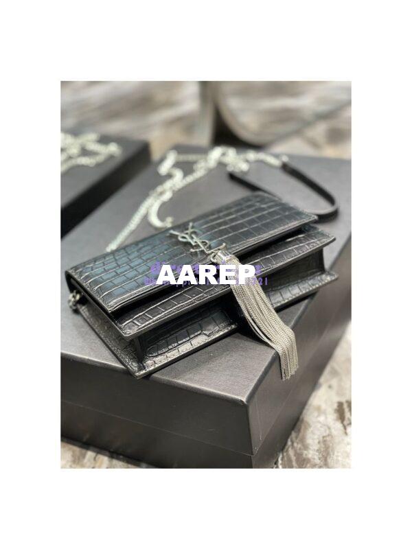 Replica YSL Saint Laurent Kate Chain Wallet With Tassel In Crocodile-embossed Matte Leather 452159 Black Silver Hardware 9