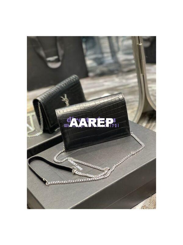 Replica YSL Saint Laurent Kate Chain Wallet With Tassel In Crocodile-embossed Matte Leather 452159 Black Silver Hardware 13