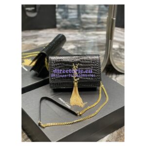 Replica YSL Saint Laurent Kate Chain Wallet With Tassel In Crocodile-embossed Shiny Leather 452159 Black Gold Hardware