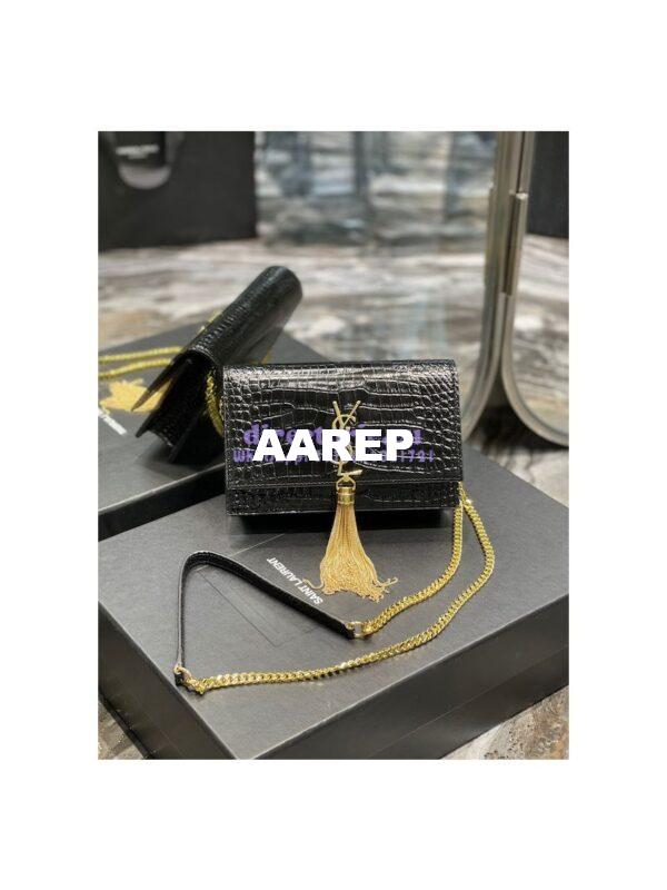Replica YSL Saint Laurent Kate Chain Wallet With Tassel In Crocodile-embossed Shiny Leather 452159 Black Gold Hardware 3