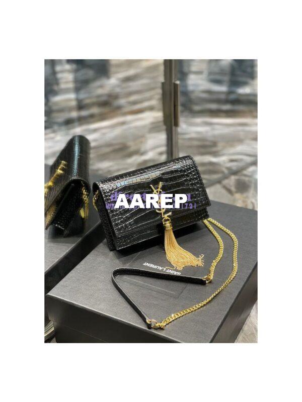 Replica YSL Saint Laurent Kate Chain Wallet With Tassel In Crocodile-embossed Shiny Leather 452159 Black Gold Hardware 4